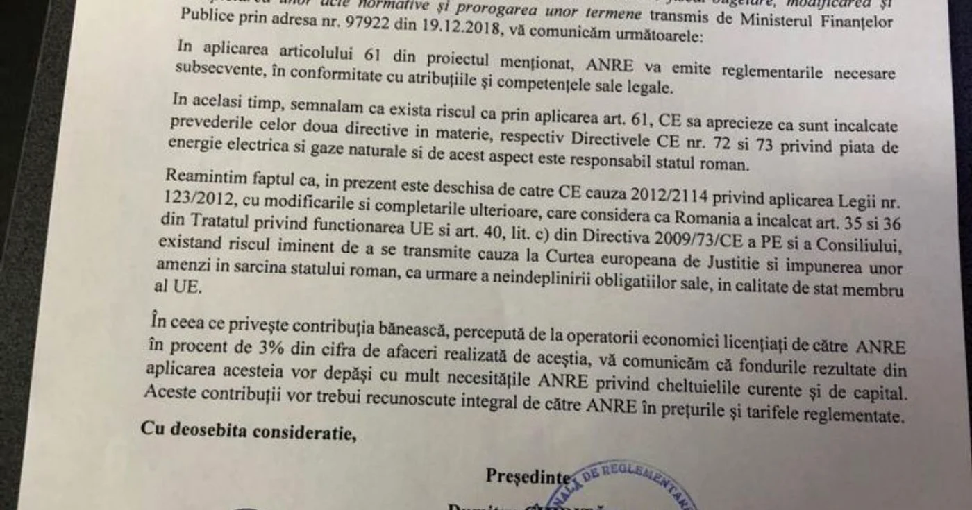 Scrisoare ANRE
