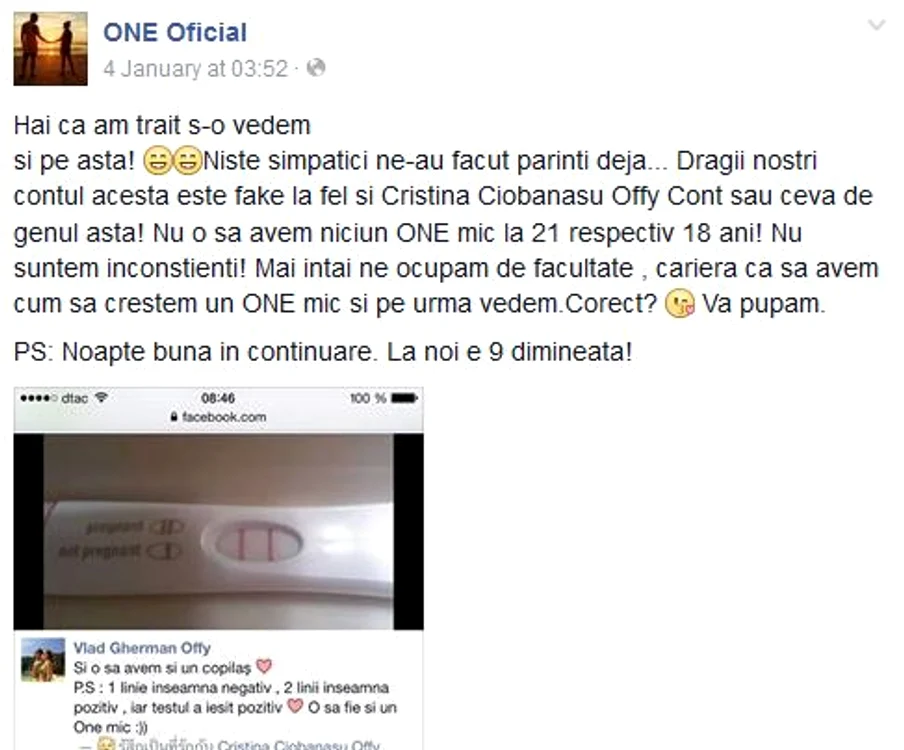 Pe unul dintre conturile false de Facebook ale trupei a apărut zvonul potrivit căruia Cristina ar fi însărcinată. Vlad Gherman a lămurit situaţia pe contul oficial al formaţiei