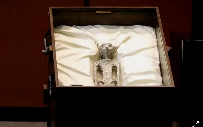 Una din cele două mumii prezentate ca fiind a unei ființe non-umane. Foto: captură video