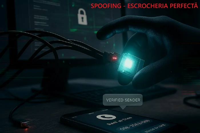 Un telefon, o conexiune la internet, o mână acoperită de mănușă și cuvinte ca spoofing pe ecran DMS