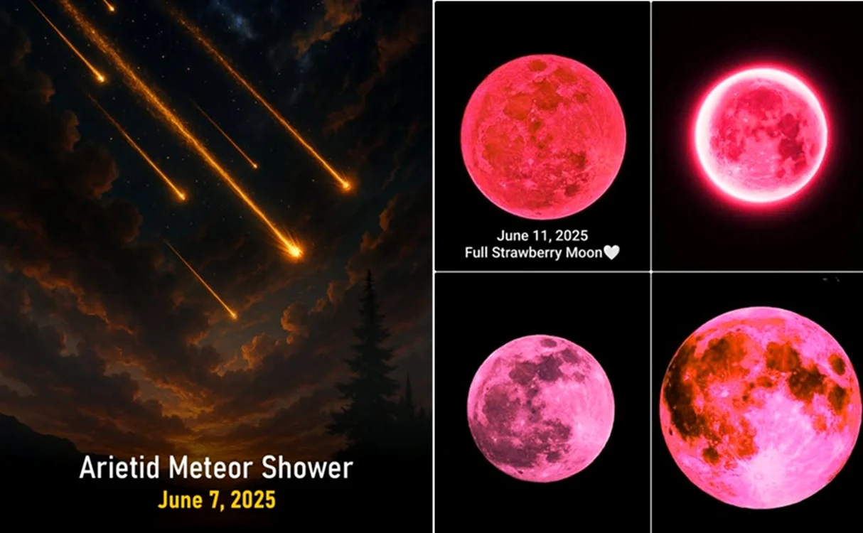 Colaj cu ploaia de meteori Arietide și Luna Căpșunilor din iunie 2025 Facebook