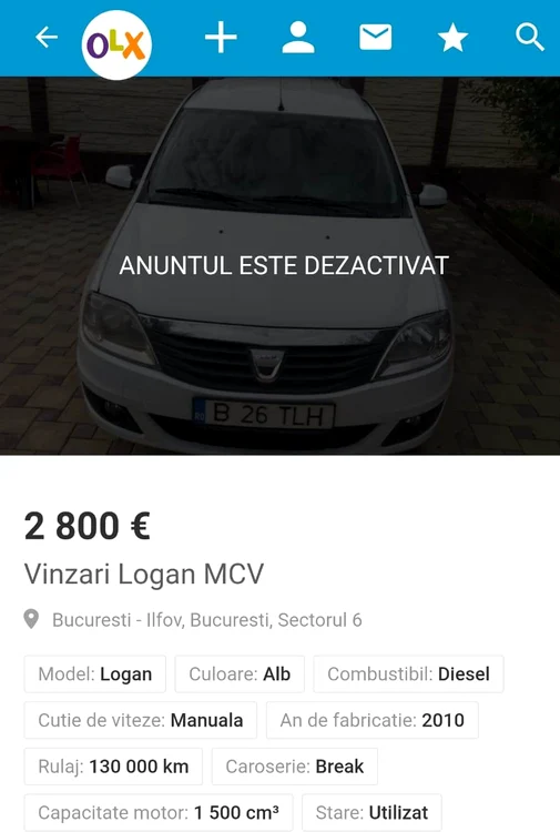 Mașina a fost scoasă la vânzare pe OLX