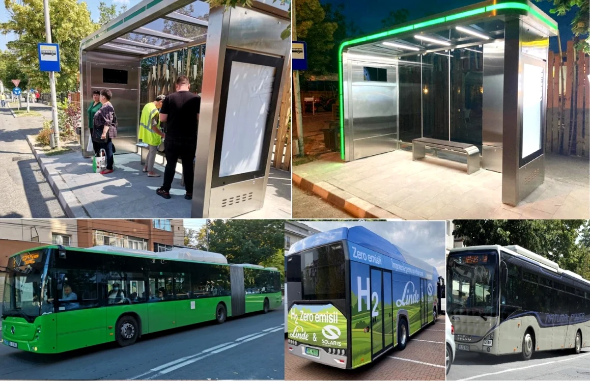 Transportul public în comun din Râmnicu Vâlcea - staţii moderne şi autobuze electrice sau pe gaz comprimat Foto colaj