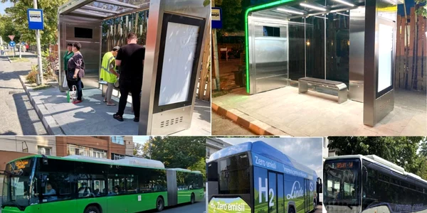 Transportul public în comun din Râmnicu Vâlcea - staţii moderne şi autobuze electrice sau pe gaz comprimat Foto colaj