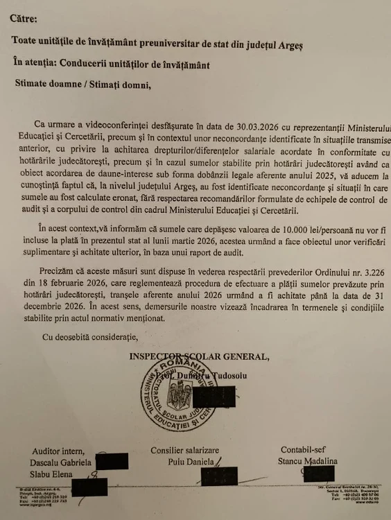 Școlile din Argeș, avertizate să nu achite sume peste 10.000 lei/angajat Sursa: SIPA Muntenia