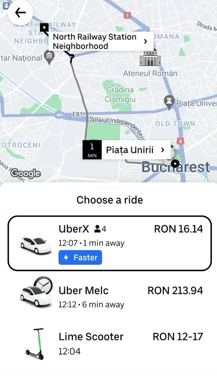 foto captură de ecran din aplicația Uber