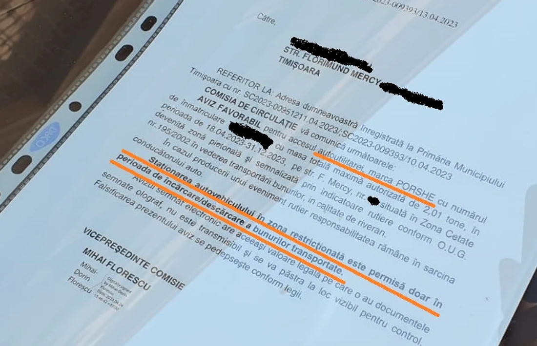 Autorizație pentru „autoutilitară Porshe” eliberată de Primăria Timișoara FOTO Daniel Dancea