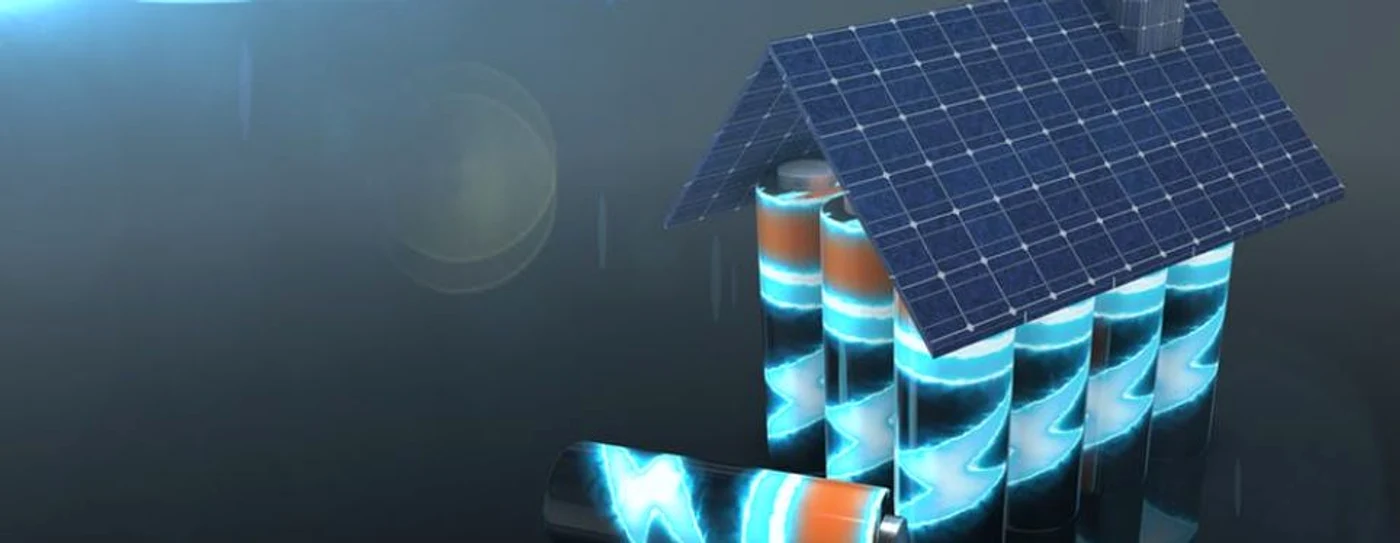 Panouri fotovoltaice miniaturale puse peste mai multe baterii, sugerând stocarea energiei produse