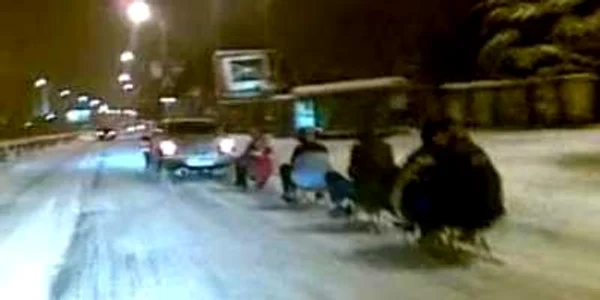 Tinerii au fost plimbaţi cu săniuţa pe drumul naţional Timişoara-Arad