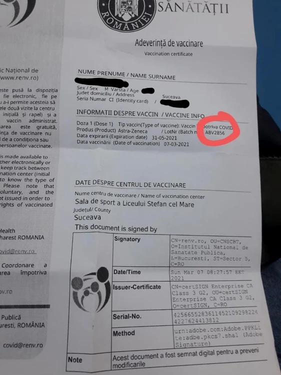 Adeverinţă de vaccinare / FOTO: Surse Adevărul