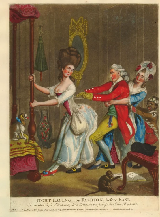 Strângerea corsetului. Caricatură de John Collet (© The Trustees of the British Museum)