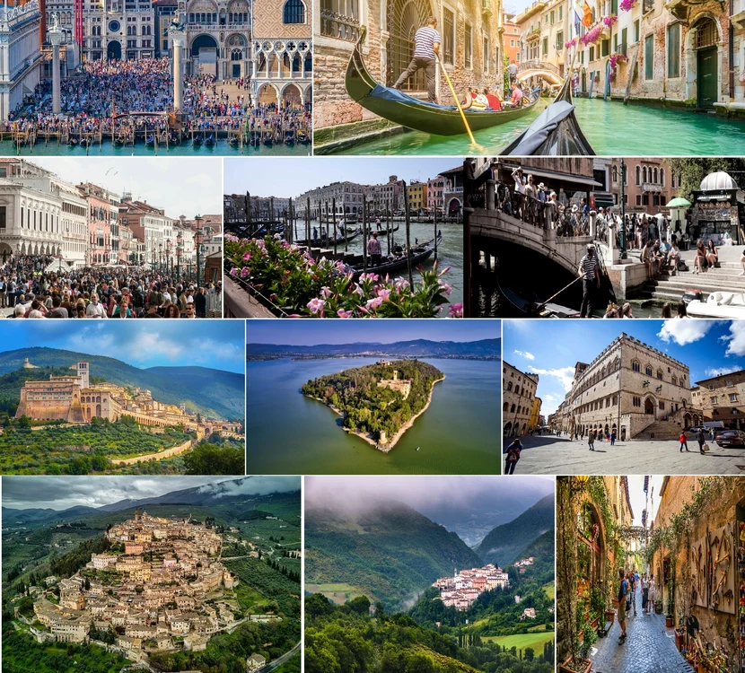 Colaj de imagini cu aglomerata Veneție vs. romantica Umbria ca alternativă Sursă DMS