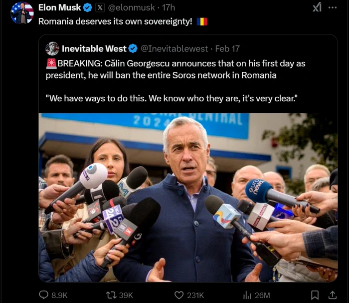 Elon Musk a preluat amenințările lui Călin Georgescu la adresa „rețelei Soroș” Foto: X