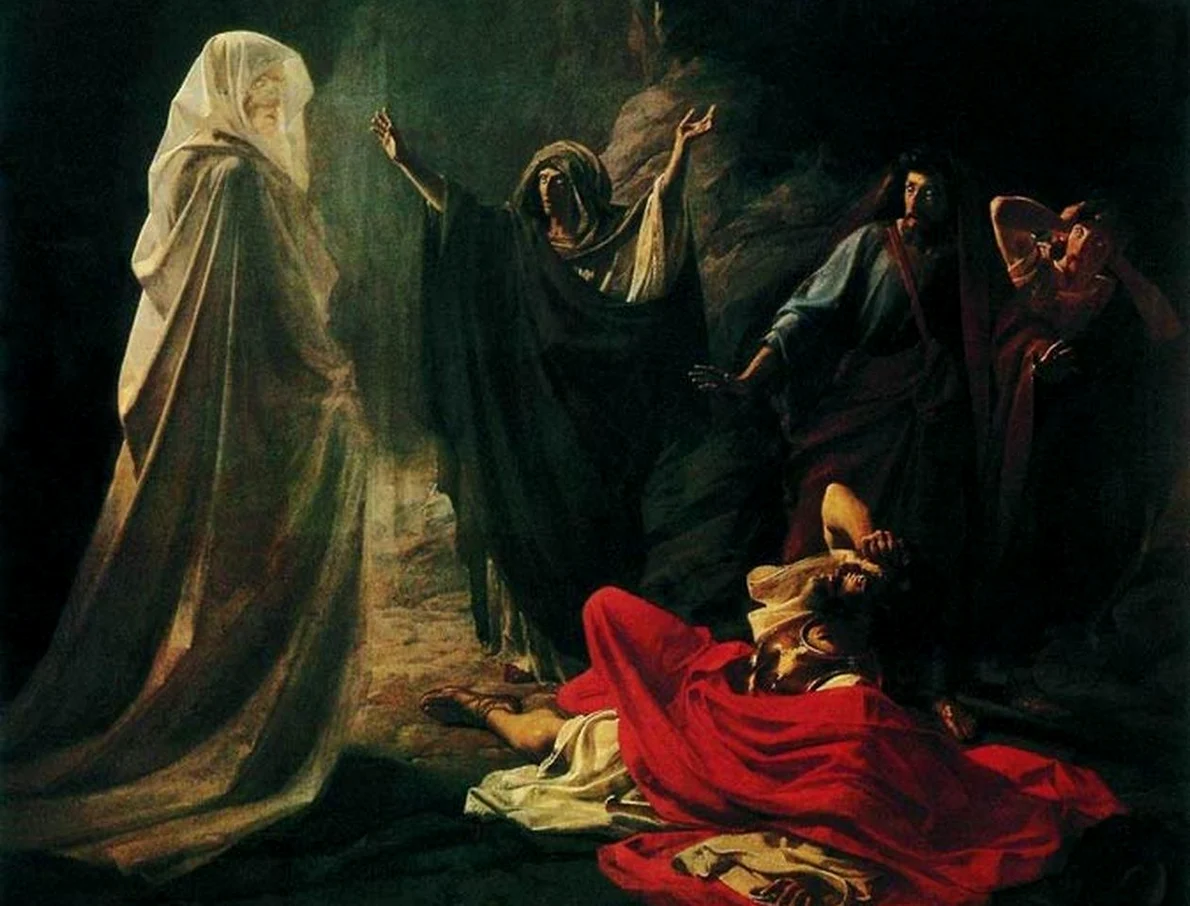 Vrăjitoarea din Endor îl cheamă pe profetul Samuel dintre morți. Pictură de Nikolai Ge, din 1857 (© Wikimedia Commons)