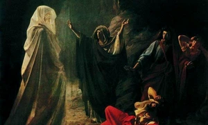 Vrăjitoarea din Endor îl cheamă pe profetul Samuel dintre morți. Pictură de Nikolai Ge, din 1857 (© Wikimedia Commons)