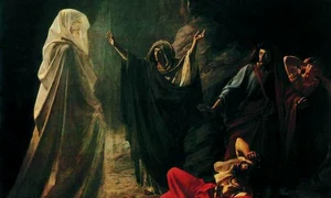 Vrăjitoarea din Endor îl cheamă pe profetul Samuel dintre morți. Pictură de Nikolai Ge, din 1857 (© Wikimedia Commons)