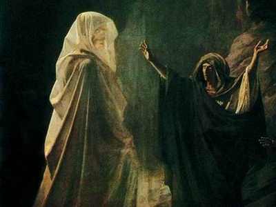 Vrăjitoarea din Endor îl cheamă pe profetul Samuel dintre morți. Pictură de Nikolai Ge, din 1857 (© Wikimedia Commons)