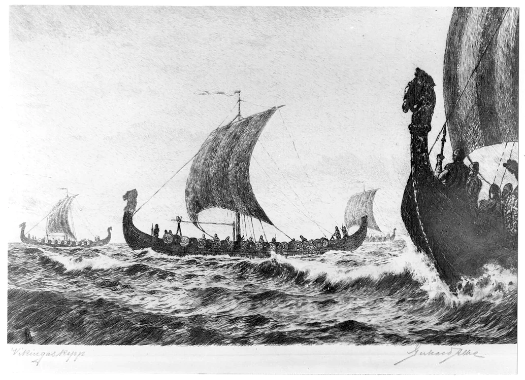 Nave ale vikingilor. Desen de Gerhard Albe (© Maritime Museum / Wikimedia Commons)
