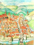 Cetatea Brașov cu Biserica Neagră în secolul al XVI-a, pictată de arhitectul Gunther Alexander Schuller (© Institutul Național al Patrimoniului, CC BY-SA)