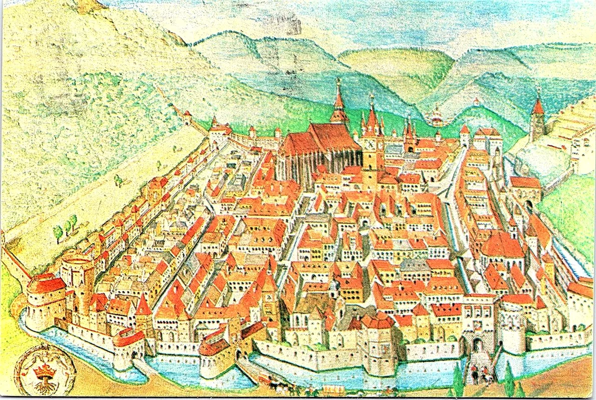 Cetatea Brașov cu Biserica Neagră în secolul al XVI-a, pictată de arhitectul Gunther Alexander Schuller (© Institutul Național al Patrimoniului, CC BY-SA)