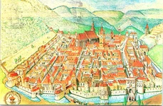 Cetatea Brașov cu Biserica Neagră în secolul al XVI-a, pictată de arhitectul Gunther Alexander Schuller (© Institutul Național al Patrimoniului, CC BY-SA)