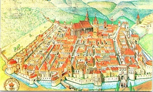 Cetatea Brașov cu Biserica Neagră în secolul al XVI-a, pictată de arhitectul Gunther Alexander Schuller (© Institutul Național al Patrimoniului, CC BY-SA)