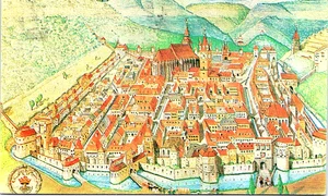 Cetatea Brașov cu Biserica Neagră în secolul al XVI-a, pictată de arhitectul Gunther Alexander Schuller (© Institutul Național al Patrimoniului, CC BY-SA)