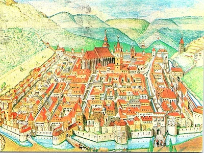 Cetatea Brașov cu Biserica Neagră în secolul al XVI-a, pictată de arhitectul Gunther Alexander Schuller (© Institutul Național al Patrimoniului, CC BY-SA)