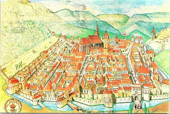 Cetatea Brașov cu Biserica Neagră în secolul al XVI-a, pictată de arhitectul Gunther Alexander Schuller (© Institutul Național al Patrimoniului, CC BY-SA)