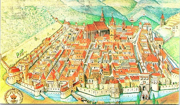 Cetatea Brașov cu Biserica Neagră în secolul al XVI-a, pictată de arhitectul Gunther Alexander Schuller (© Institutul Național al Patrimoniului, CC BY-SA)