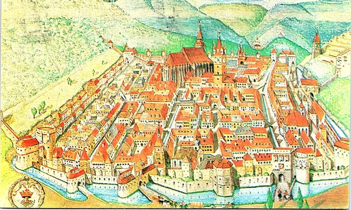 Cetatea Brașov cu Biserica Neagră în secolul al XVI-a, pictată de arhitectul Gunther Alexander Schuller (© Institutul Național al Patrimoniului, CC BY-SA)