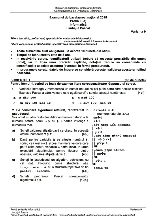 Bac 2015 subiecte Informatica Limbajul pascal/mate-info - prima sesiune