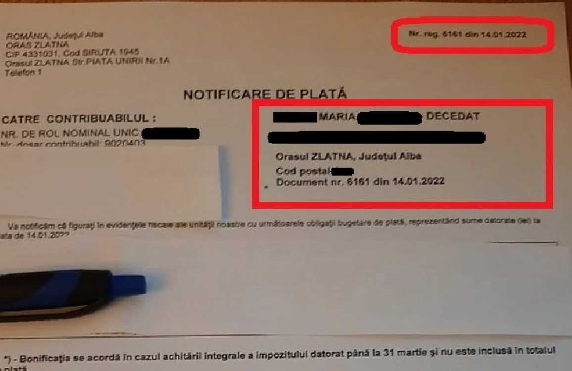 Notificarea de plată arată că femeia din Zlatna ar fi decedat. Foto: alba24.ro