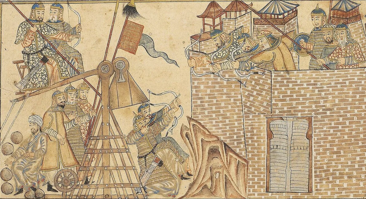 Asediu reprezentat în „Jami' al-tawarikh” de Rashid al-Din Hamadani. Manuscris din Ilhanatul mongol, de la începulul secolului al XIV-lea 