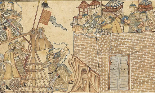 Asediu reprezentat în „Jami' al-tawarikh” de Rashid al-Din Hamadani. Manuscris din Ilhanatul mongol, de la începulul secolului al XIV-lea 