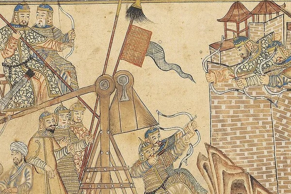 Asediu reprezentat în „Jami' al-tawarikh” de Rashid al-Din Hamadani. Manuscris din Ilhanatul mongol, de la începulul secolului al XIV-lea