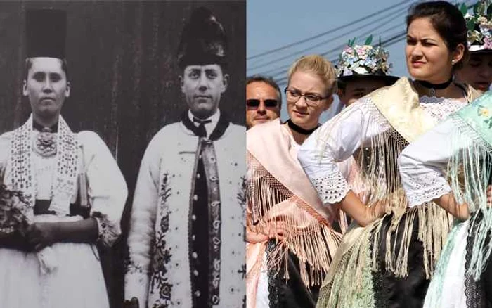 Sasi (stânga) şi şvabi (dreapta) in costume traditionale - Foto stânga - Arhiva Centrului de dialog şi cultură Friedrich Teutsch al Bisericii Evanghelice C.A. din România. Foto dreapta - Ştefan Both