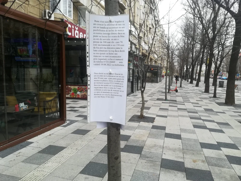 Afișul de pe bulevardul Decebal pus de românul care cere bani pe Revolut