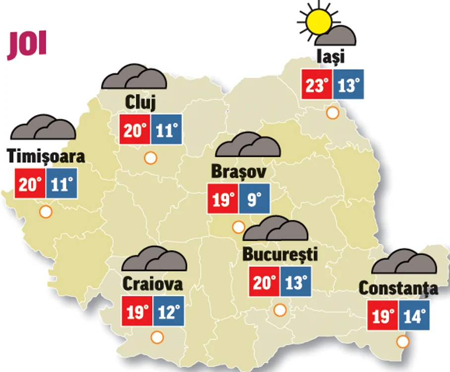 Astăzi cerul va fi acoperit pe toată perioada zilei, mai ales în jumătatea de nord a țării