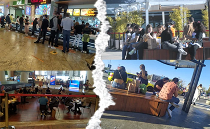 
    Vaccinaţi. Au avut voie să mănânce în interiorul mall-ului. Nevaccinaţi.  Și-au luat mâncare din interior, dar au mâncat pe trotuarFotografii: BLITZ  