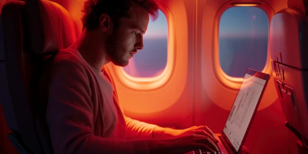 Barbat lucrand la laptop in timpul zborului, wifi