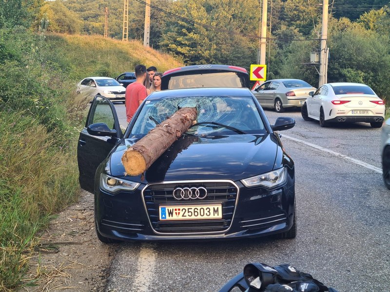 La un pas de tragedie. Un buștean căzut dintr-un tir a străpuns parbrizul unui autoturism care circula pe DN10