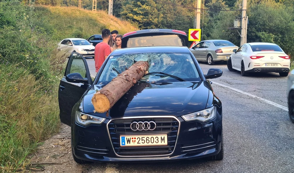 Bușteanul a străpuns parbrizul mașinii FOTO: Facebook