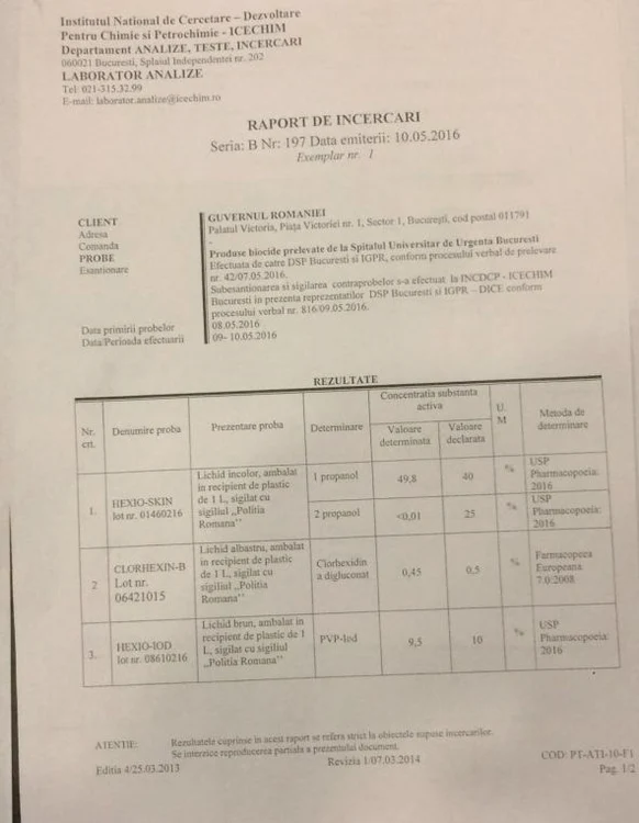 Rezultatele probelor recoltate de la Spitalul Universitar