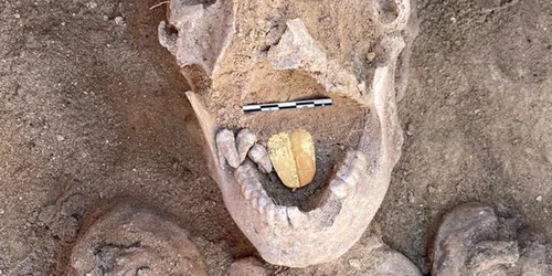 Craniul unei mumii descoperite în Egipt cu o amuletă din aur în gură FOTO Ministerul Egiptean al Antichităţilor