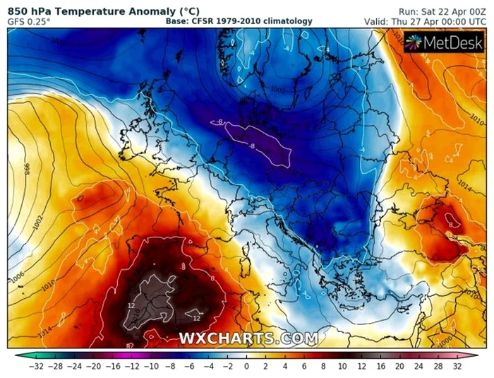 Și în România vremea va fi capricioasă / foto: wxcharts.com
