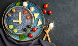 view delicious cheese fresh vegetables blue trays spices black distresed background jpg