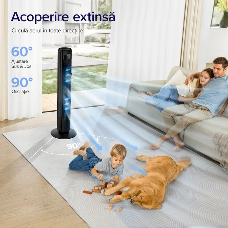 Familie care se bucură de confortul premium al unui Levoit Tower Fans Foto eMAG 