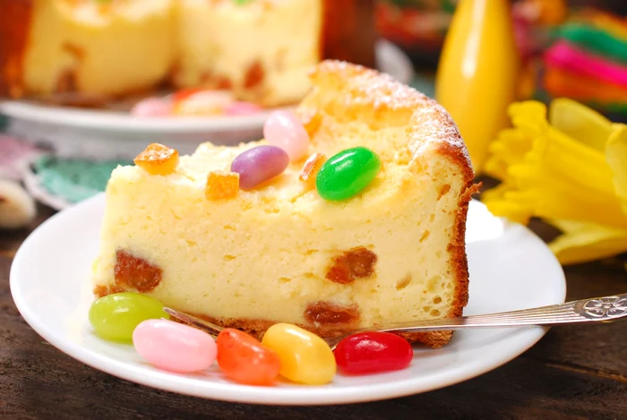 cheesecake with raisins for easter on wooden table jpeg