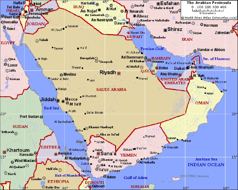 Harta politica a Peninsulei Arabia si pozitionarea strategica a Yemenului si Omanului. Foto: newsint.ro